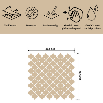 Beige plaktegels zelfklevende tegels Arabian Drops met afmetingen en specificaties