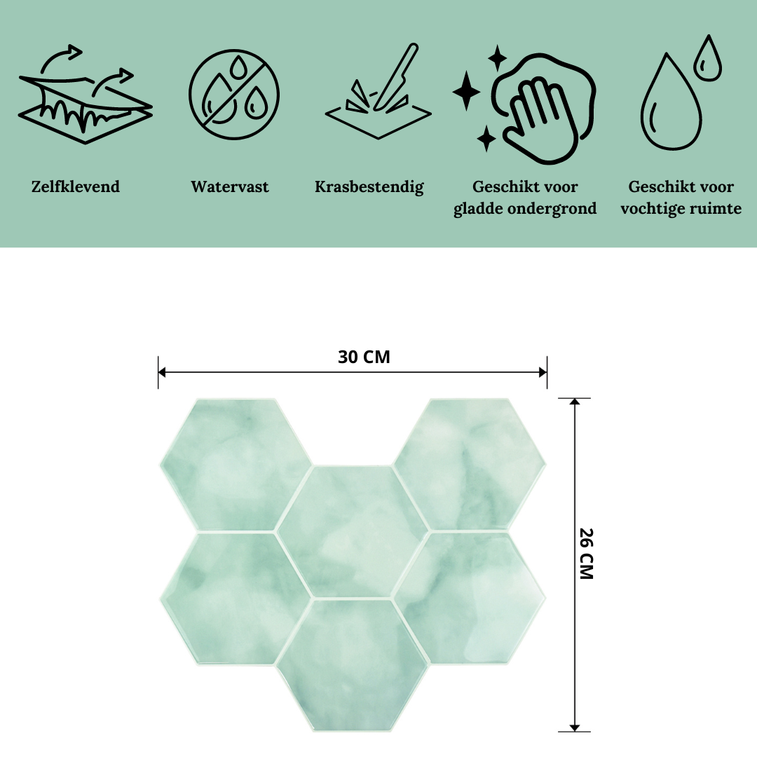 Babyblauwe marmerlook hexagon Plaktegels zelfklevende tegels Hexalux Bleu bebe met afmetingen en specificaties