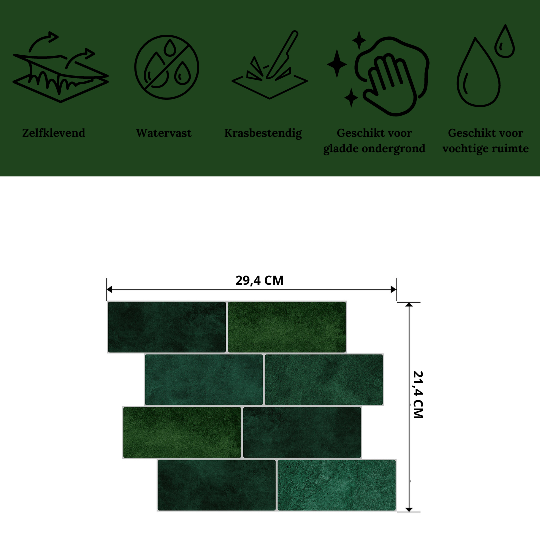 Groene plaktegels zelfklevende tegels evergreen elegance met afmetingen en specificaties