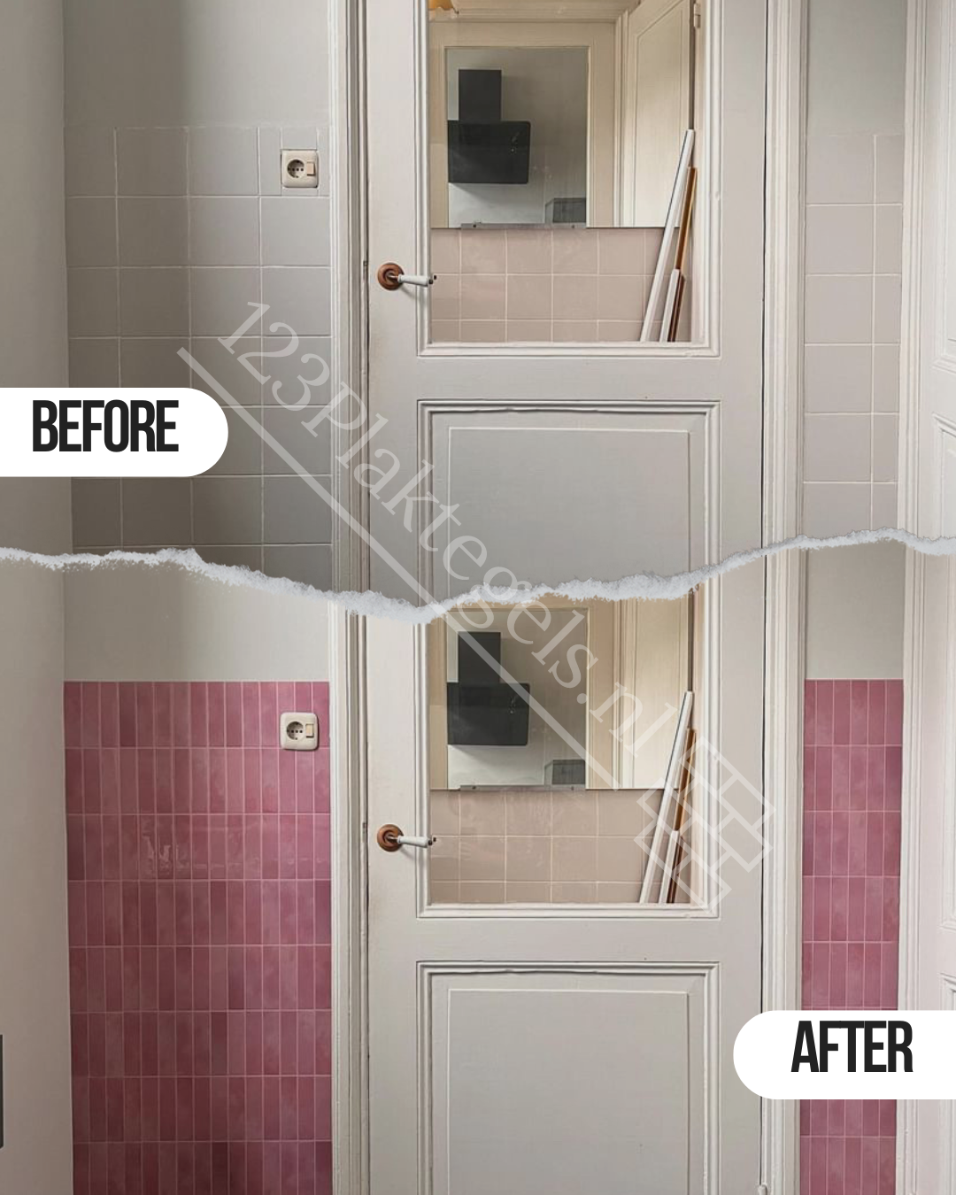 Keuken achterwand Plaktegels goud geborsteld vierkant before and after